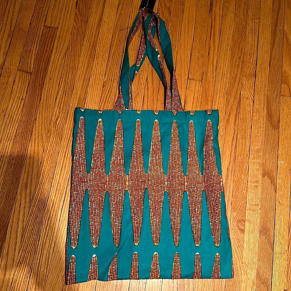 African Ankara print tote, NWT, cute teal orange contrast